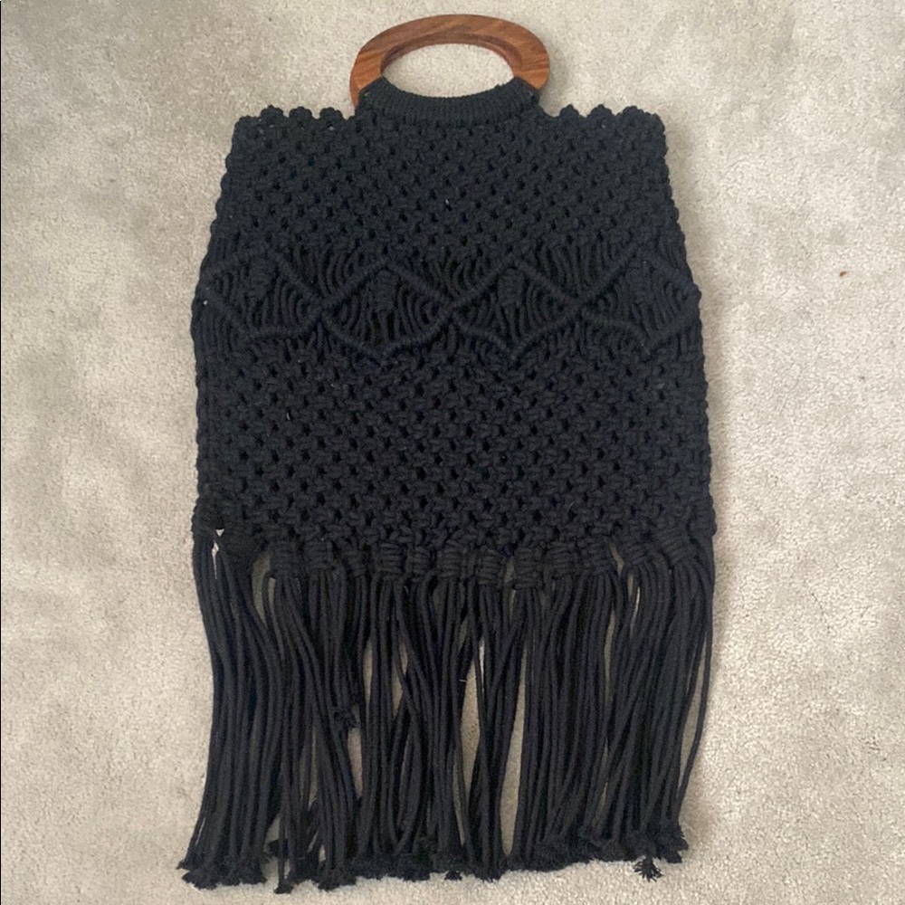 Handmade Black Macrame Tote with Wooden Handles and shoulder strap